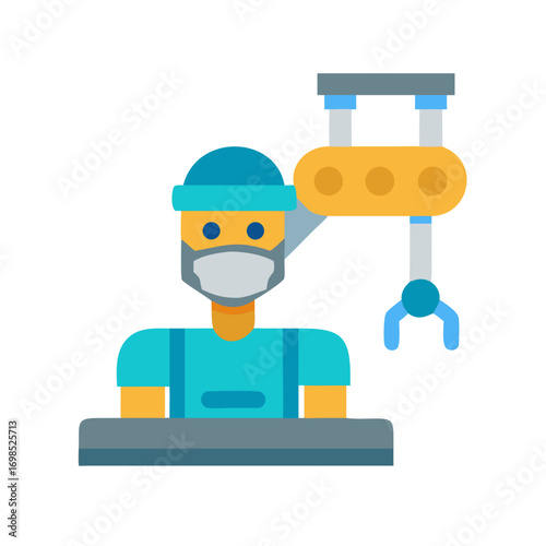 Surgeon assisted by robotic arm icon flat vector art