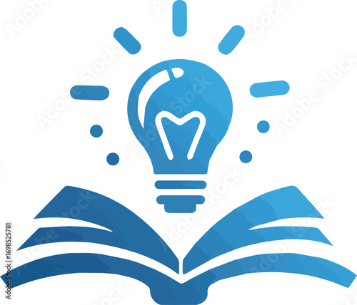 Blue silhouette of an open book with a glowing lightbulb idea silhouette
