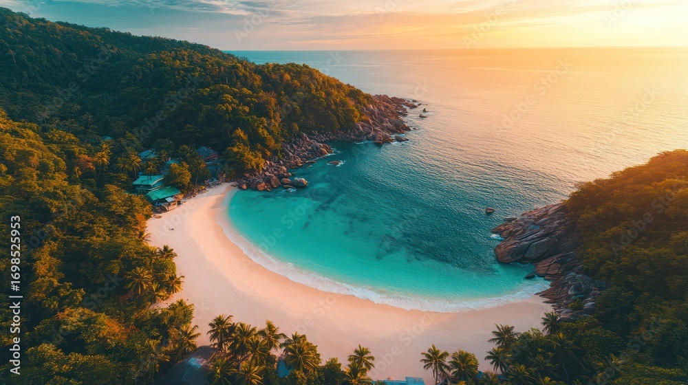 Fototapeta premium Tropical beach sunrise aerial view