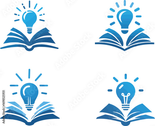 Four blue open books with glowing light bulbs above silhouette