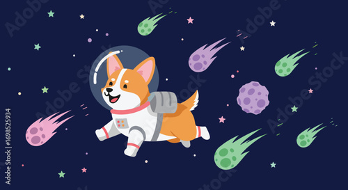 Astronaut corgi floats in starry meteorfilled space