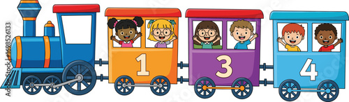 Colorful cartoon train with children waving, educational number sequence activity, missing number learning concept, happy kids in train cars, playful school illustration, flat vector