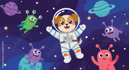 A cartoon dog astronaut floats in space with aliens and planets