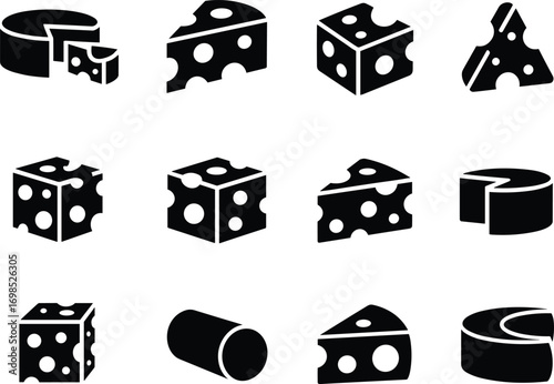  Cheese vector illustration set, dairy food icons, cheese slice, cheese block, cheese wheel, cheese cube, gourmet snack, restaurant menu, cooking ingredient, flat design