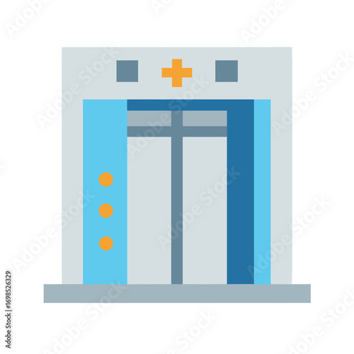 Simple flat-style graphic of hospital entrance facade with doors