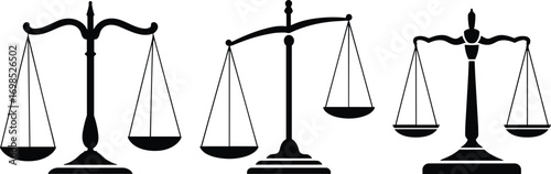  Collection of balance scale silhouette vector illustrations, justice icons, law and fairness symbols, weighing equipment design, equality measurement concept for legal judgment