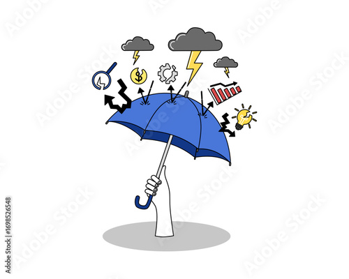 Vector illustration of holding an umbrella, symbolizing protection, security, and risk management in business.