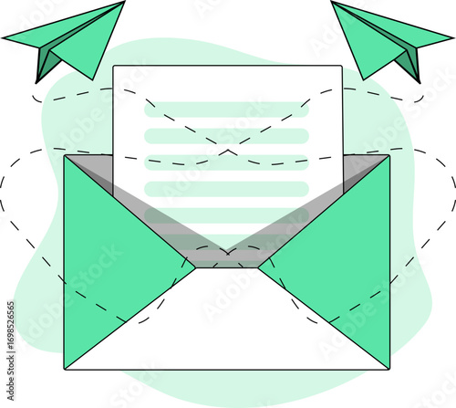 Green paper airplanes delivering a message in an open envelope.