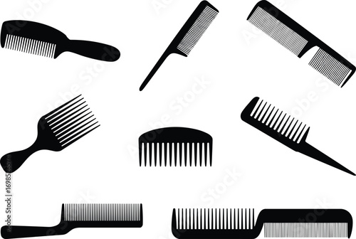 Collection of black comb silhouettes vector illustration, professional hair styling tools set, barbershop and beauty salon grooming accessories isolated on white background