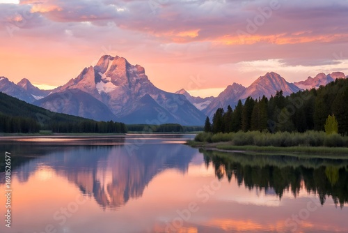 Majestic Mountain Reflection in Pink Sunset