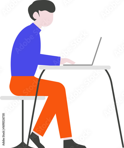 Person in blue shirt and orange pants using a laptop at a desk.