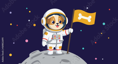 Cartoon dog astronaut plants bone flag on moon with stars