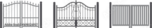 Collection of decorative metal gate designs, wrought iron entrance gates, modern security fence barriers, traditional home garden gate vector illustration, isolated architectural elements