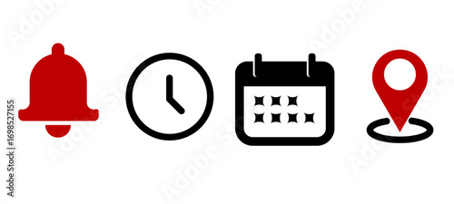 Location, time, calendar and notification bell icons set. Flat simple illustrations of pin, date, clock and bell christmas theme icon