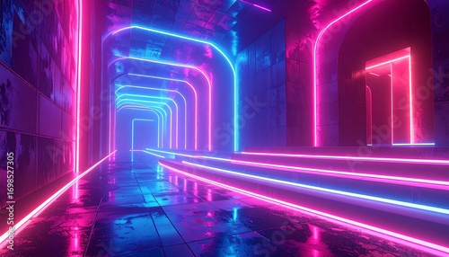 Fototapeta Naklejka Na Ścianę i Meble -  Neon tunnel with arched walls