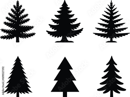  Collection of pine tree silhouette vector icons, evergreen forest elements, Christmas holiday decoration trees, natural woodland design illustration set for seasonal projects