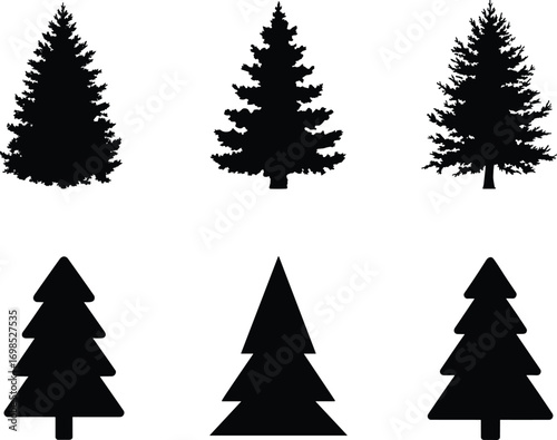  Collection of pine tree silhouettes and simple Christmas tree icons, evergreen forest shapes, winter holiday decoration vector illustration for design and nature themes