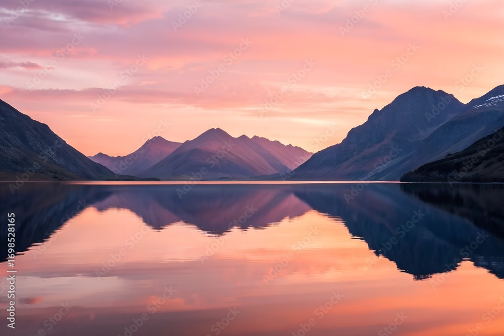 Fototapeta premium Pink And Orange Sunset Over Calm Lake With Mountain Reflections