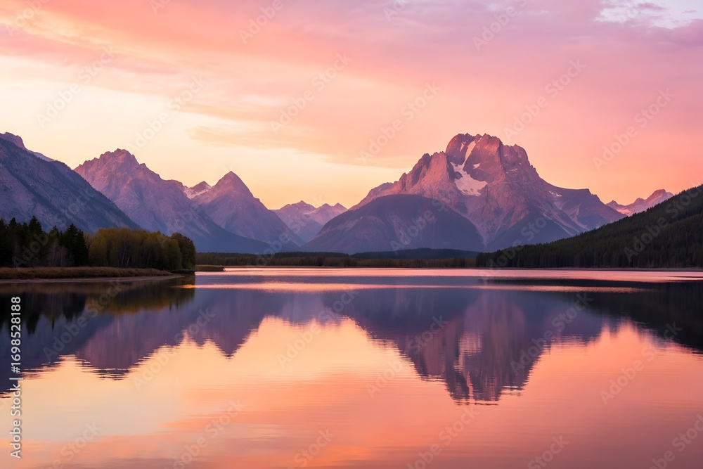 Fototapeta premium Pink And Orange Sunrise Over Mountain Lake Reflection