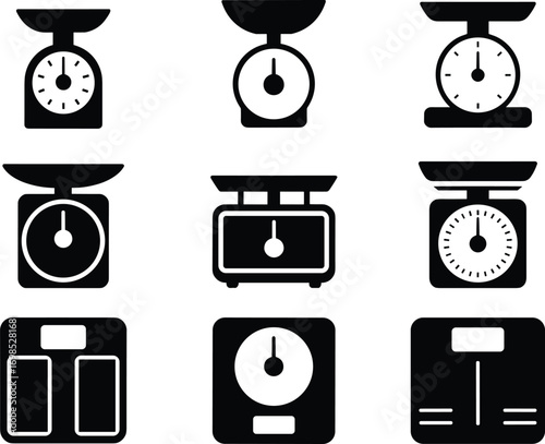  Collection of weighing scale silhouette vector illustrations, kitchen balance icons, bathroom weight measurement tools, vintage analog scale designs, digital scale symbols