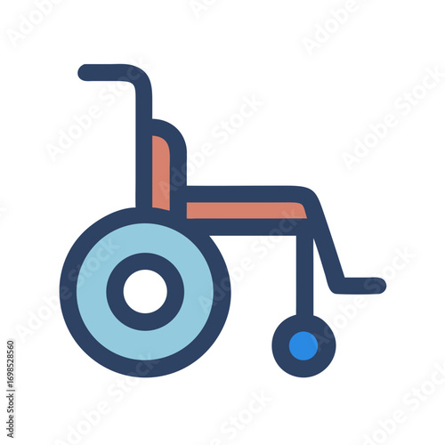 Stylized graphic illustration of a blue and orange wheelchair