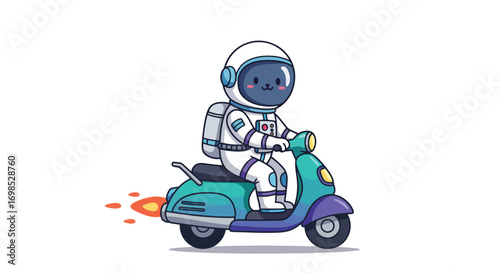 Cartoon astronaut riding a scooter with flames from the back