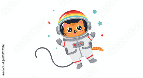 Cartoon cat in a rainbowstriped astronaut suit floating in space