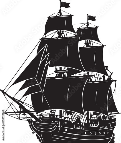 Black silhouette of a tall ship with full sails sailing ship