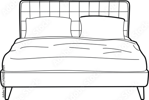  Modern bed vector illustration with pillows and blanket, bedroom furniture design, minimal outline style, comfortable sleeping arrangement, interior decor element silhouette