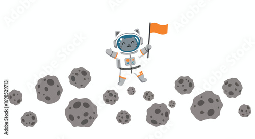 Astronaut cat holding orange flag among asteroids