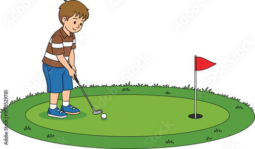 Young golfer playing on putting green, aiming golf ball toward hole with red flag, sports activity and leisure game, CAD drawing flat vector illustration