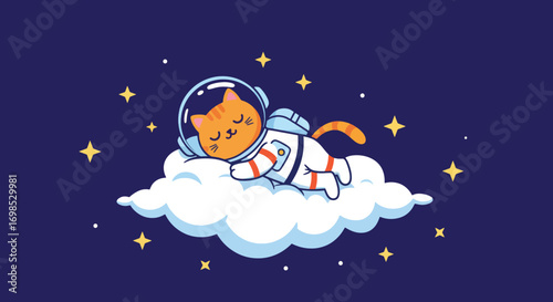 Orange cat astronaut sleeping on a cloud in space