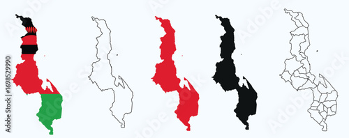 Malawi Map Set. Detailed Political, Outline, and Silhouette Vector Illustrations, Malawi maps, 