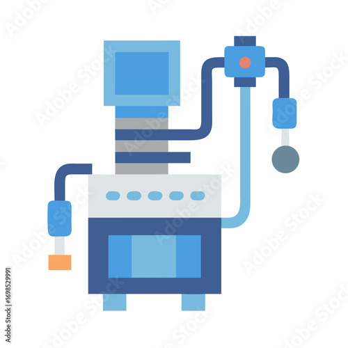 Flat design blue anesthesia machine on solid black background