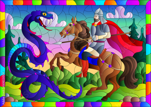 Stained glass illustration with a knight on horseback and a snake on a landscape background