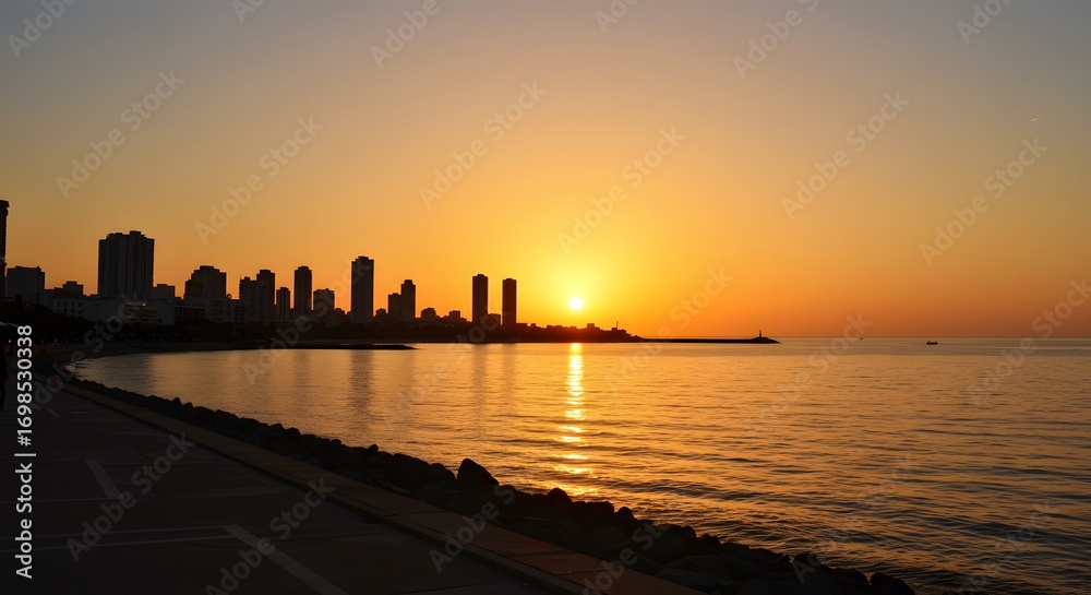 Naklejka premium City skyline silhouette against vibrant orange sunset reflecting on water