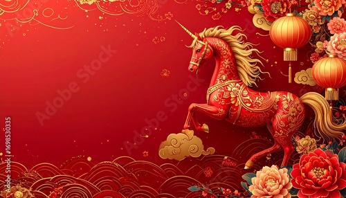 Elegant Chinese New Year background featuring the fire horse zodiac in red and gold patterns with lanterns, flowers, and golden cloud ornaments.