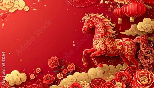 Elegant Chinese New Year background featuring the fire horse zodiac in red and gold patterns with lanterns, flowers, and golden cloud ornaments.