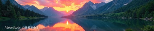 Serene mountain lake reflecting a vibrant sunset, surrounded by lush green trees and towering peaks  Perfect for travel, nature, and serenity themes , photo, summer, green