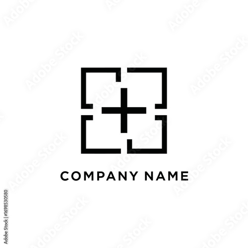 Minimalist Square Target Logo with Central Cross Symbol.