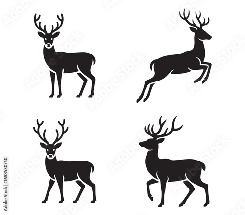 Set of deer silhouettes with antlers – vector stag animal illustrations in multiple poses for hunting, outdoor, woodland, and decorative design elements