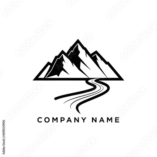 Mountain Peak and Winding Road Logo Design in Black and White.