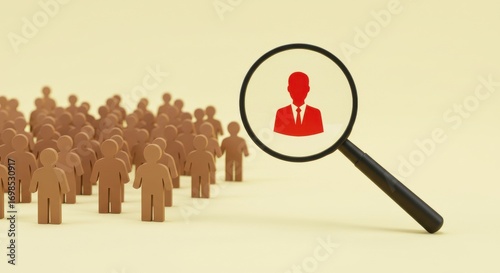 Magnifying glass highlighting a single person from a crowd, symbolizing recruitment and selection