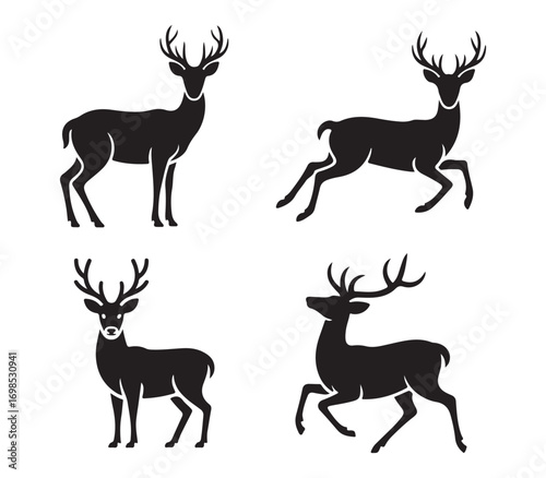 Running and standing deer silhouette collection – vector stag animal designs with antlers for logo, emblem, decoration, and wildlife inspired projects