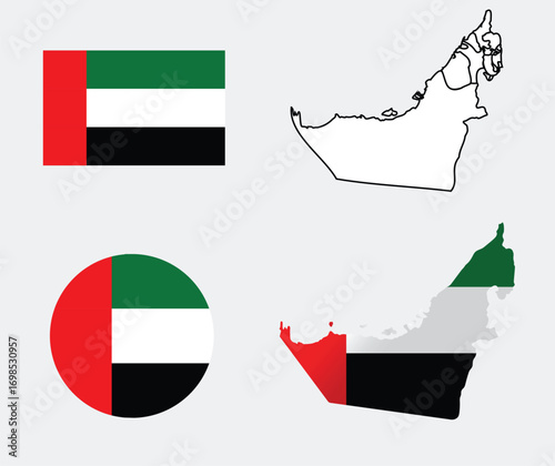 United Arab Emirates Flag Set Collection. Pan-Arab Waving, Flat, and Bunting Design, UAE Flag and Map Mixed Set. National Identity Symbol Combined with Geographic Outline.