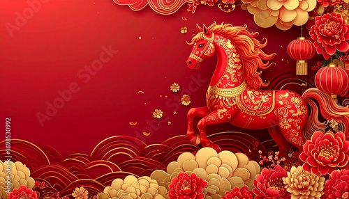 Elegant Chinese New Year background featuring the fire horse zodiac in red and gold patterns with lanterns, flowers, and golden cloud ornaments.