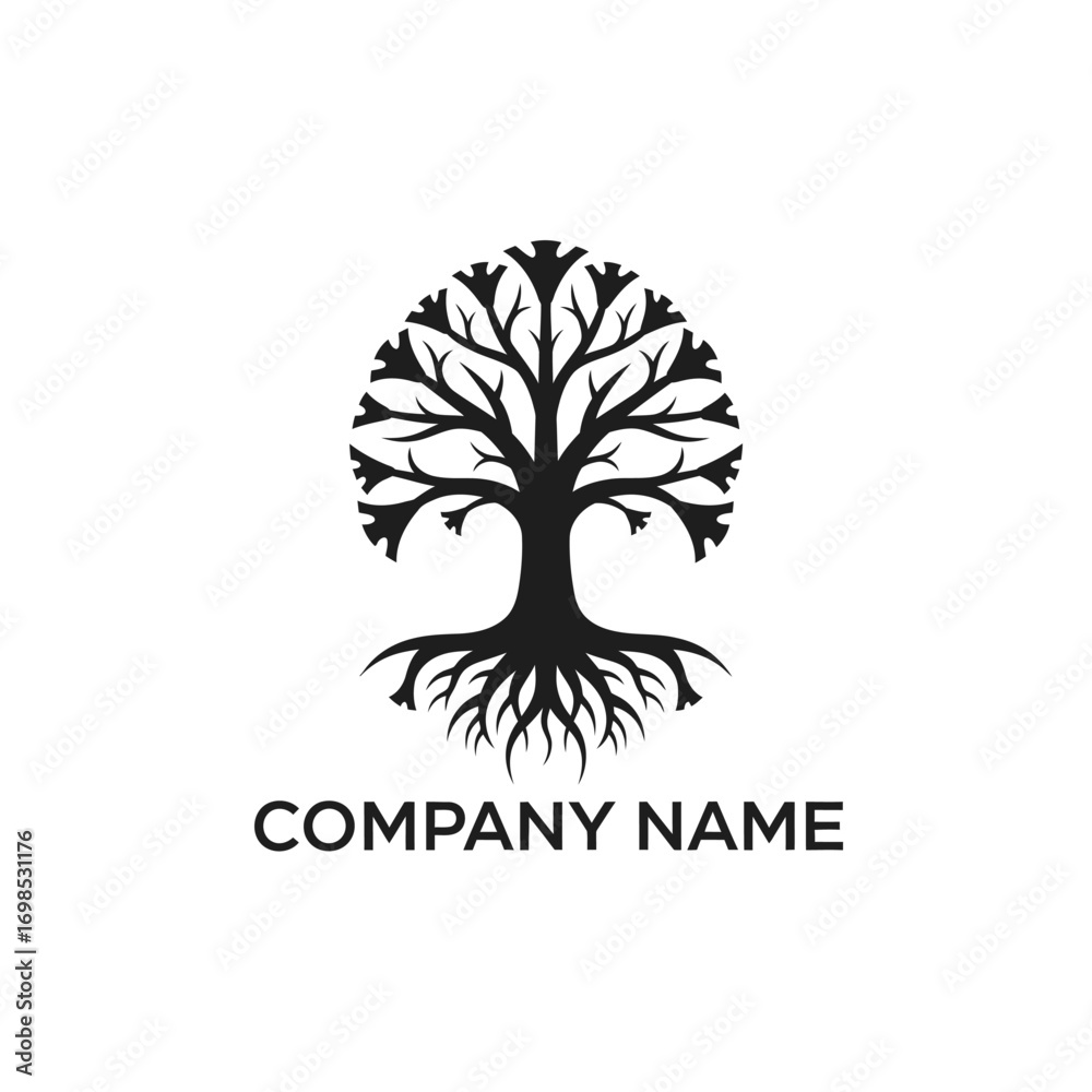 Obraz premium Stylized Tree of Life Logo with Intricate Branches and Roots, Symbolizing Growth and Connection.