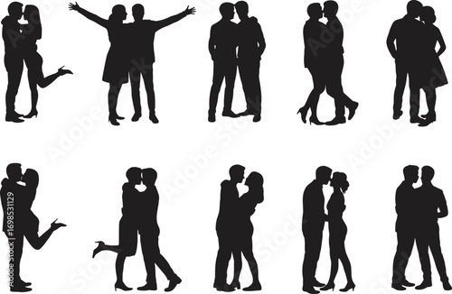  Romantic couple silhouette vector illustration set, love relationship poses, man and woman together, dating romance icons, Valentine symbols, affectionate partners design