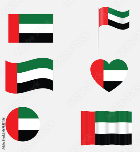 United Arab Emirates Flag Set Collection. Pan-Arab Waving, Flat, and Bunting Design, uae flag set, set of uae flag