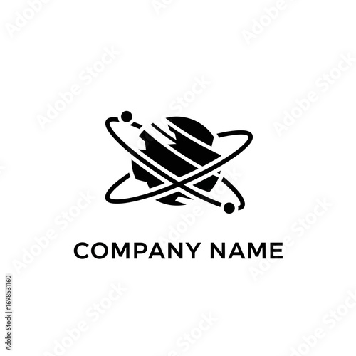 Stylized black logo of a planet with atomic orbits representing global technology and science.